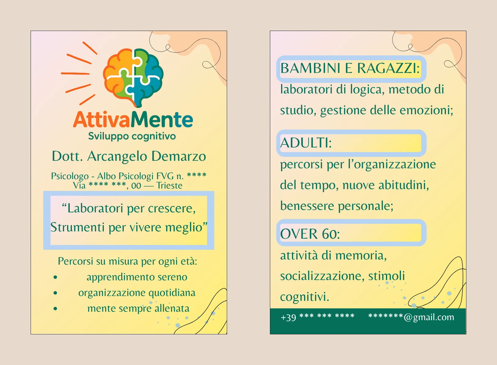 Il biglietto da visita, fronte e retro affiancati.